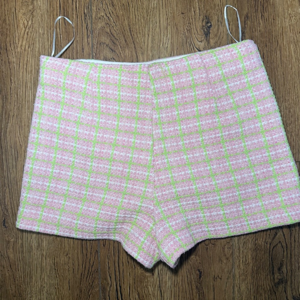 ZARA Tweed Pink Green Plaid‎ Mini Skort Skirt Womens S Barbiecore  preppy shorts - Picture 10 of 11